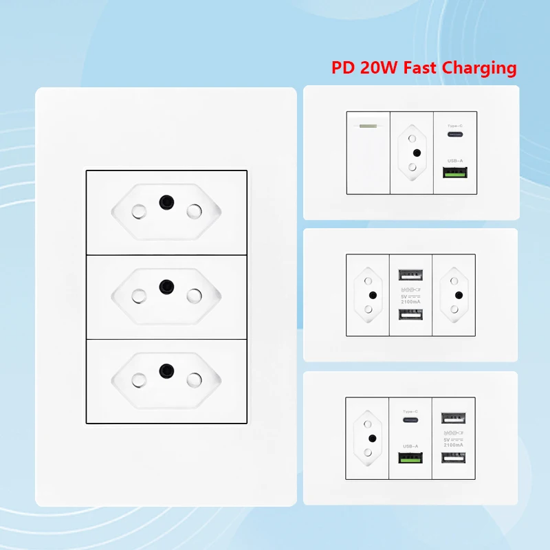 Brazylia Standard 20A Wtyczka z wtyczką USB typu C 20W, panel włącznika światła typu 118 Szybkie ładowanie Ścienna gniazdo elektryczne USB typu C