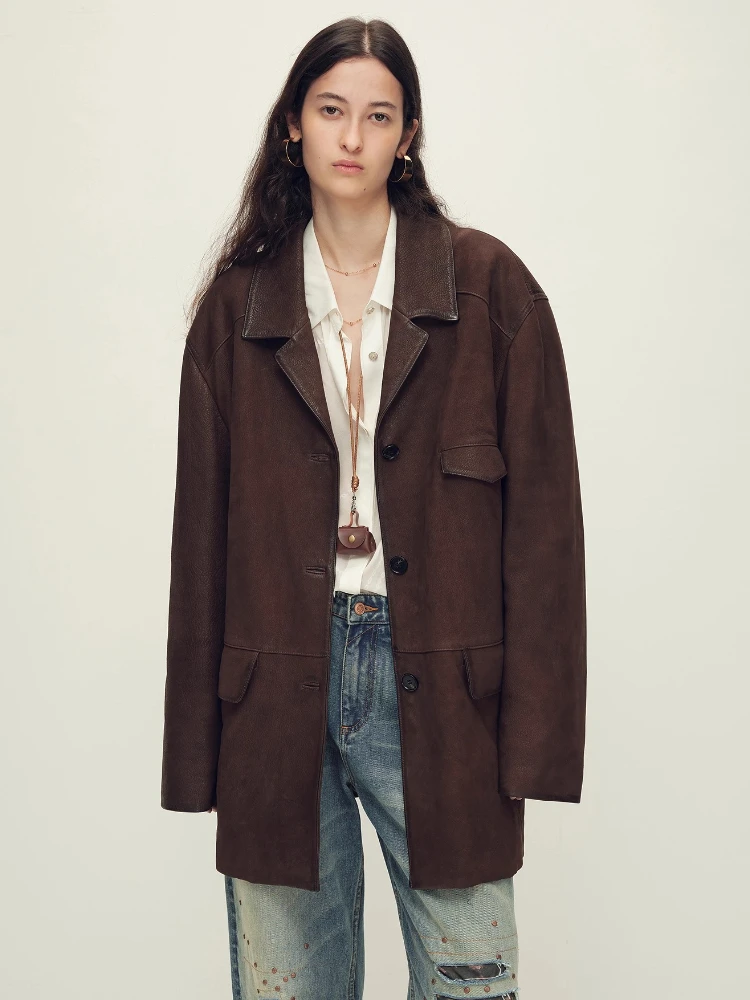 

Mid-length Genuine Leather Blazer Jacket for Women Autumn Winter 2026 New High-end Simple Loose Vintage Real Goatskin Suede Coat