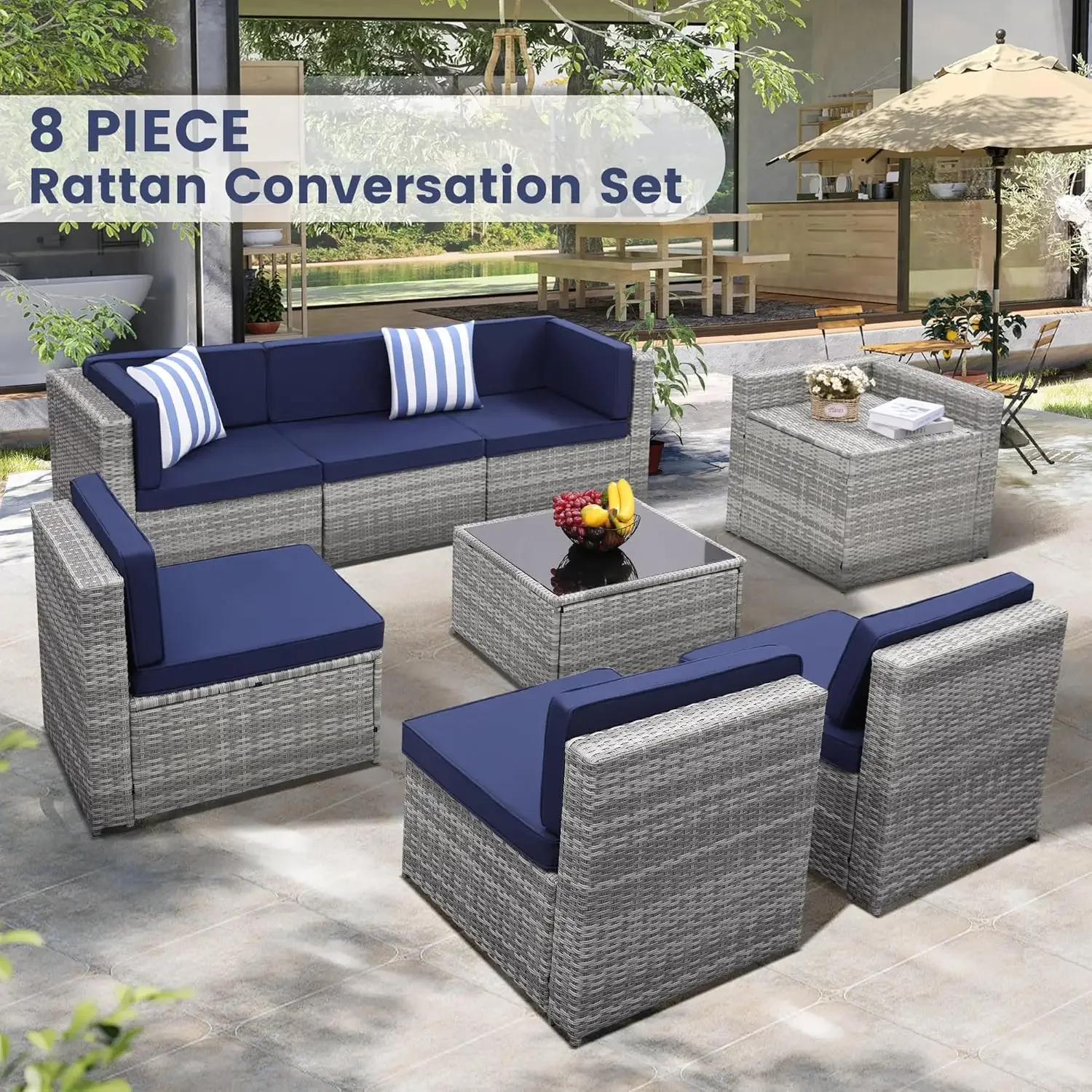 8 Pieces Outdoor Wicker Rattan Hidden Storage, 7 Sofa Sections, Oversized Cushions, Grey Color Rattan with Blue Cushion