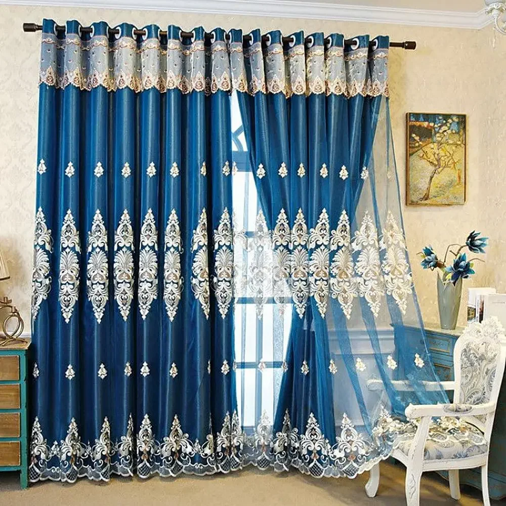 1 Panel 160cm Width Double Layer Curtain Solid Cloth Curtain with  Luxury European Embroidered Sheer Curtain for Living Room