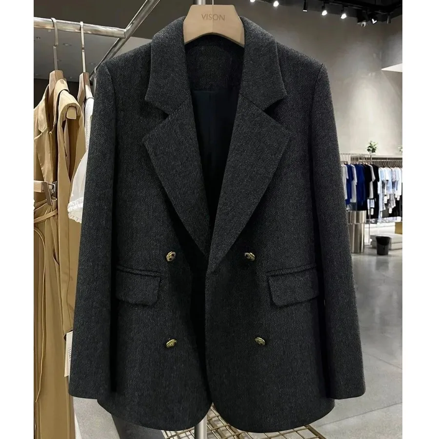 Deep Grey Twill Korean Style Slim Fit Woolen Suit Jacket Women's 2026 New Autumn Winter High End Trendy Small Western Wear