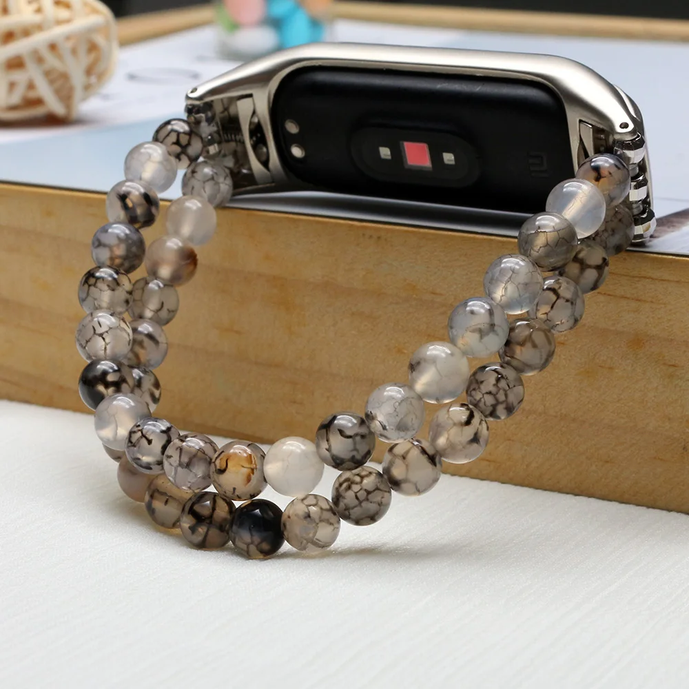 Stone Strap Wristband Mi Band 8 Bracelet with Frame for Xiaomi Smart Band 8 Watchband Women Agate Beads Elastic Stretchy