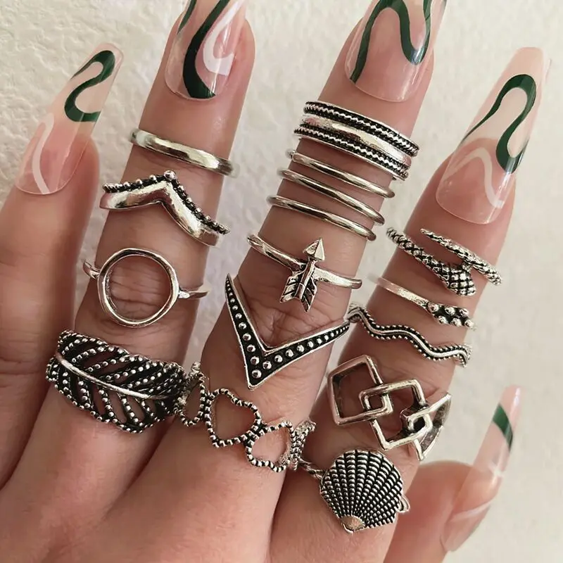 30 teil/los Großhandel Fabrik Vintage Shell Geschnitzte Blatt Finger Ringe Für Frauen Schwarz Emaille Große Blume Stern Mond Party Schmuck geschenk – Detail 11