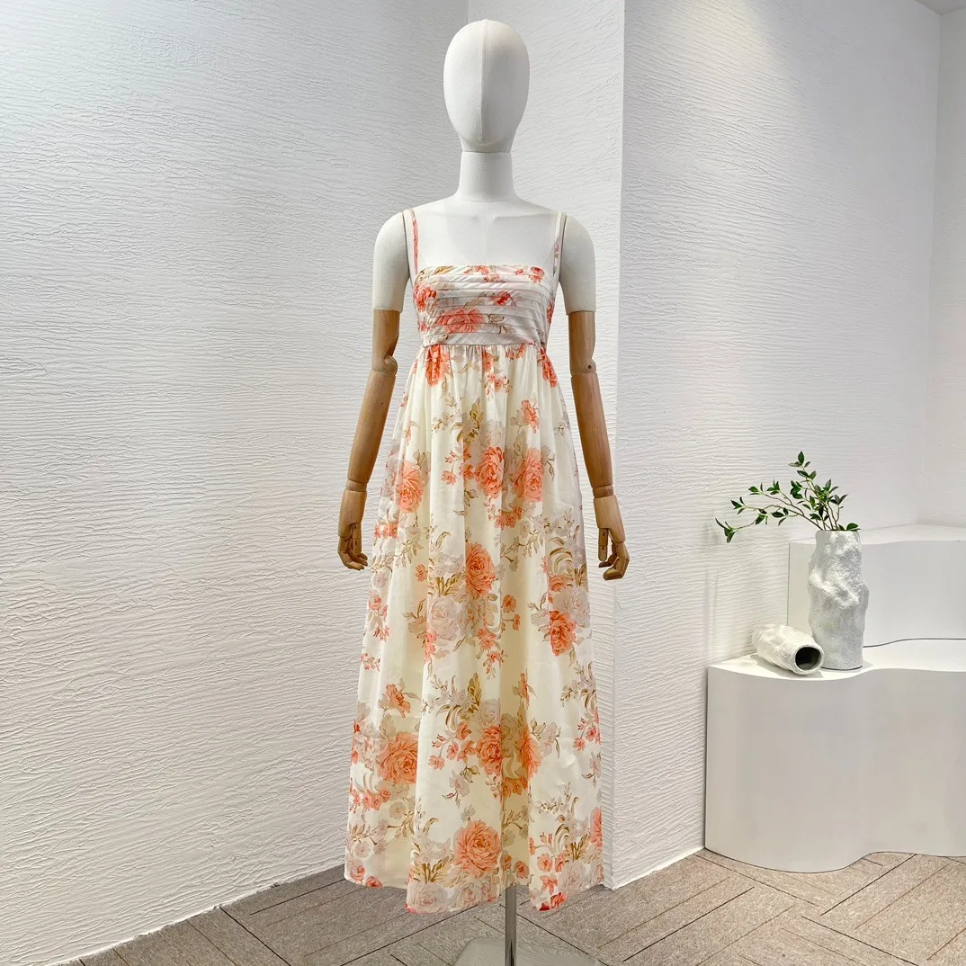 White Floral Print Sleeveless Square Collar Ruched Sling Midi Diess 2024 New Arrival Spring Summer High Quality Clothing