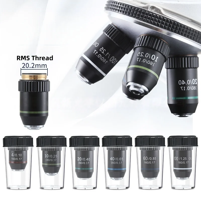 4-100x Biological Microscope Objectives RMS Thread Achromatic Lens Set Spring-Loaded Retractable Protection Multi-Coated Glass
