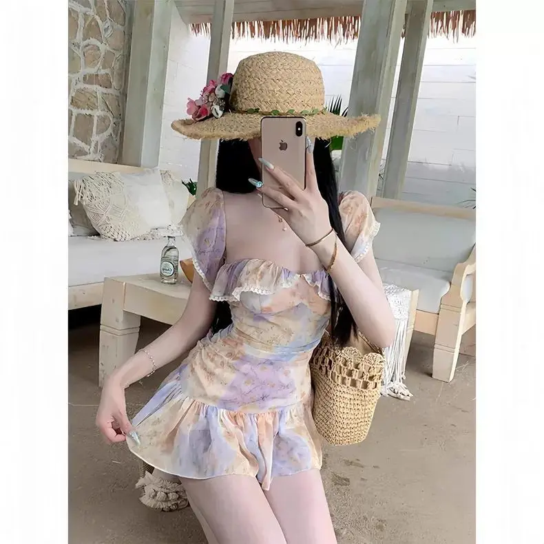 Vestido floral feminino manga plissada vestido de impressão floral verão estilo doce pescoço quadrado chiffon mini vestido praia férias outfit 2025