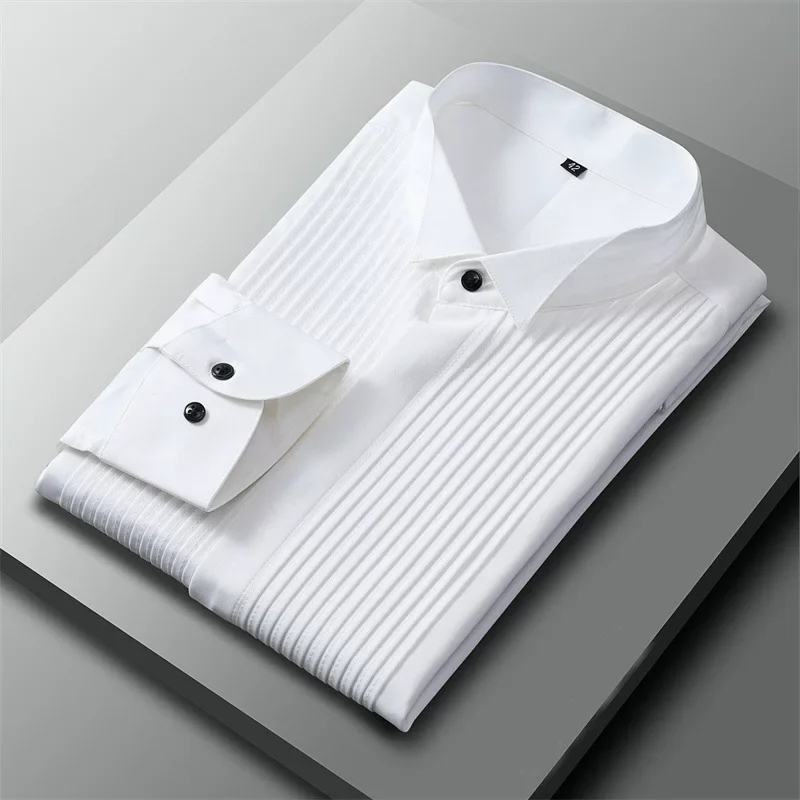 Elegant Men's White Tuxedo Shirt with Pleated Detail Black Button Down Casual Dress Shirt Wedding Groom Formal Wear