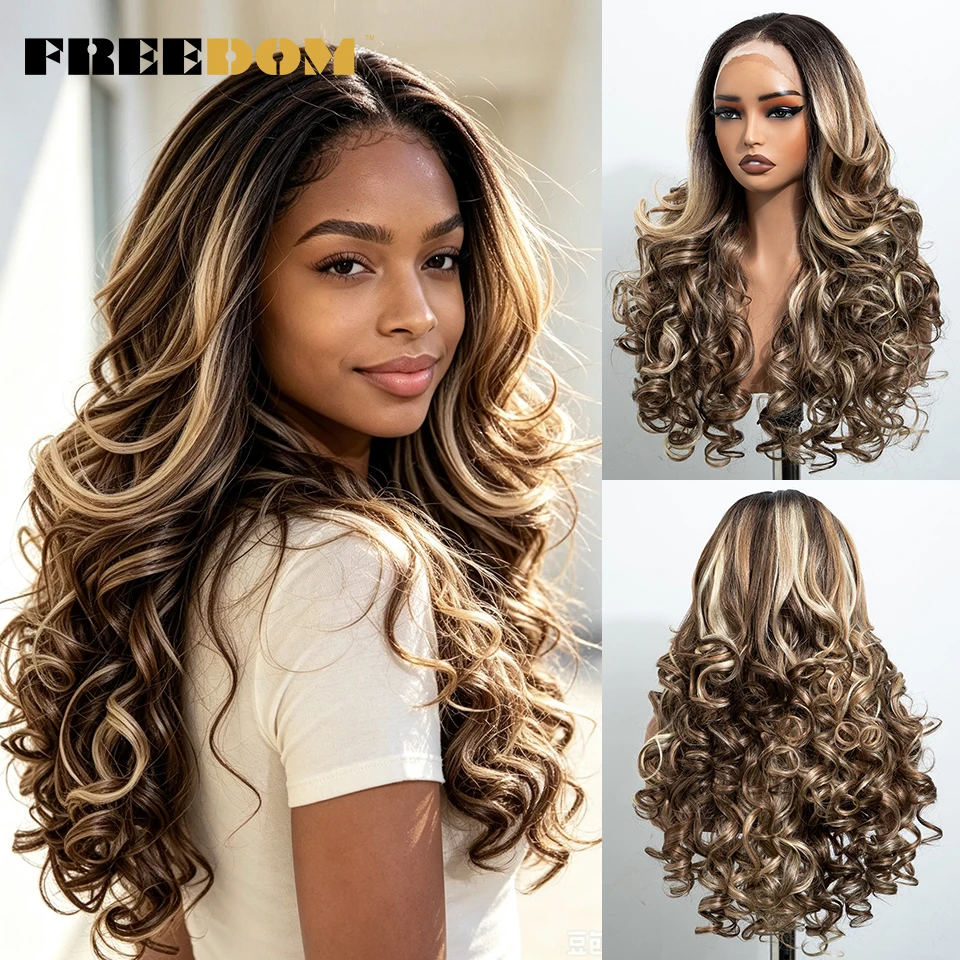 FREEDOM Lockige Synthetische Lace-Front-Perücken für Schwarze Frauen 24 Zoll Vorgezupfte Lace-Perücke Ombre Braun Blond Highlight Tägliche Perücke – Detail 12