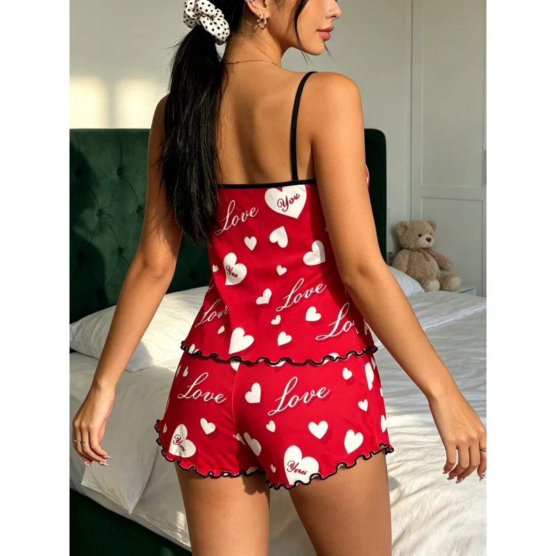 Women Spring Summer Fall Pajama Set Spaghetti Strap Ruffle Trim Round Neck Sleeveless Cami Shorts Romantic Love Heart Print 5