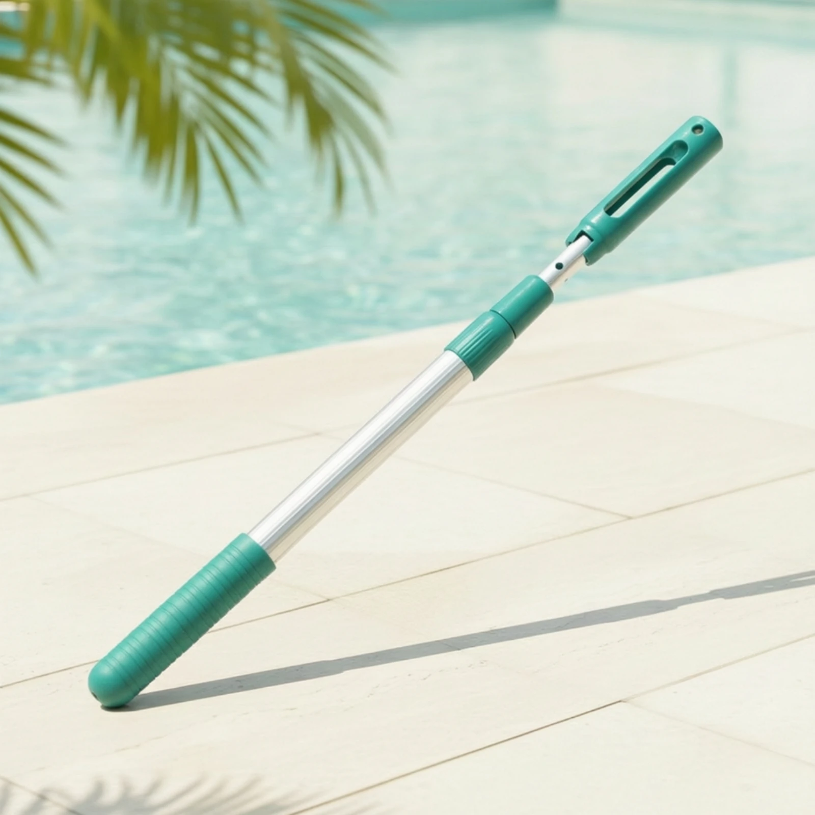 Pértiga telescópica de aluminio anodizado antideslizante para limpieza de piscinas con agarre texturizado y cómodo, ideal para estanques exteriores.