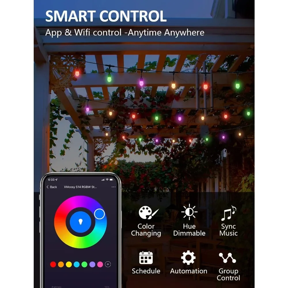 Tira de luces LED RGB para Patio, iluminación inteligente que cambia de Color, para exteriores, con 40 bombillas acrílicas, aplicación de Control WiFi, funciona con Alexa, 123ft