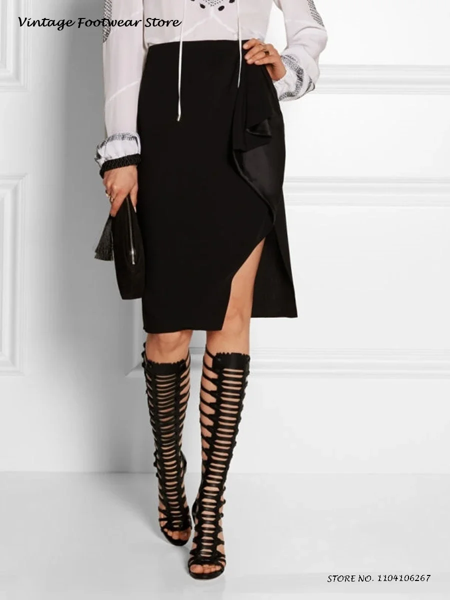 Knee-high Leather Gladiator Sandals Summer Round Open Toe Thin Heels Shoes Women's Belt Buckles Buckle Zipper Trending Stilettos