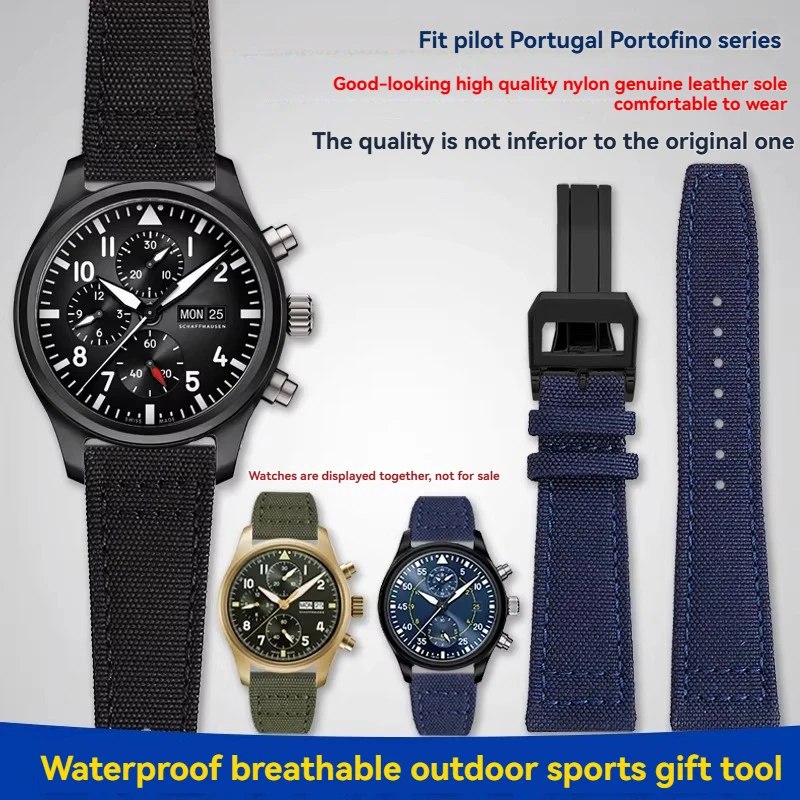 

20MM 21MM 22MM Nylon Canvas Watchband For IWC PILOT Portugal Fabric Leather bottom Strap Longines Omega Men's Cowhide Wristband