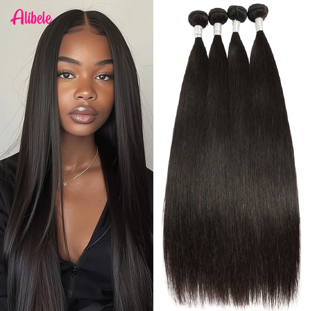 

Alibele, прямые пучки человеческих волос, двойные пучки утка, 15А, наращивание натуральных волос, натуральный черный цвет, 1/3/4 шт., 12-32 дюйма