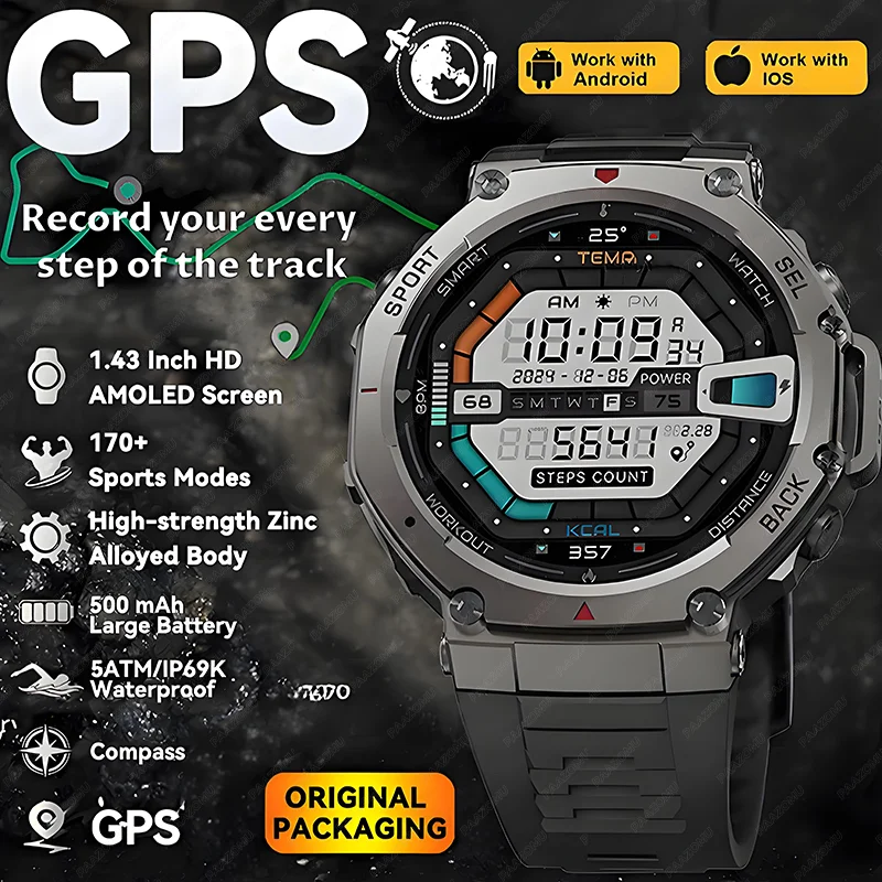 

2025 NEW GPS Smart Watch For Men 5ATM IP69K Waterproof Smartwatch Compass Altimeter Barometric Bluetooth Call Sports Smartwatch