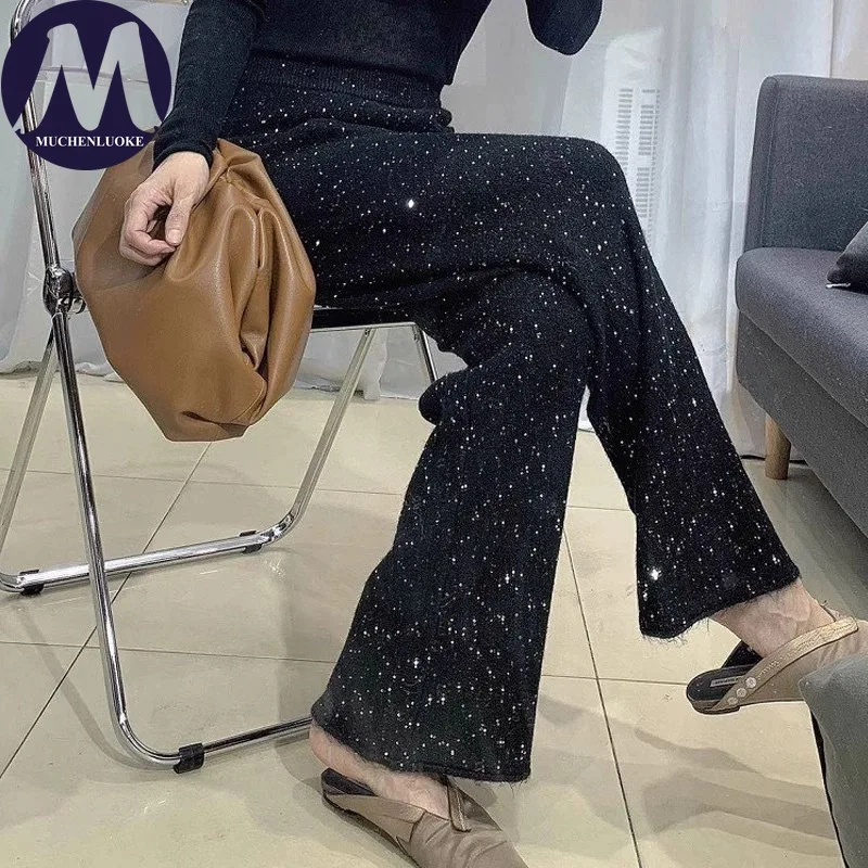 

Women's Pants Autumn Winter New Korean Fashion Sequins Knitted Wide Leg Pant Casual Loose Street Trends High Waist Straight Pant