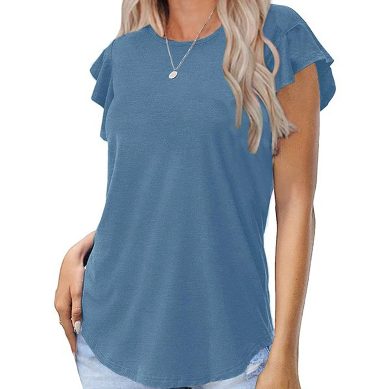 European and American women's wear solid color flounces short-sleeved t-shirt