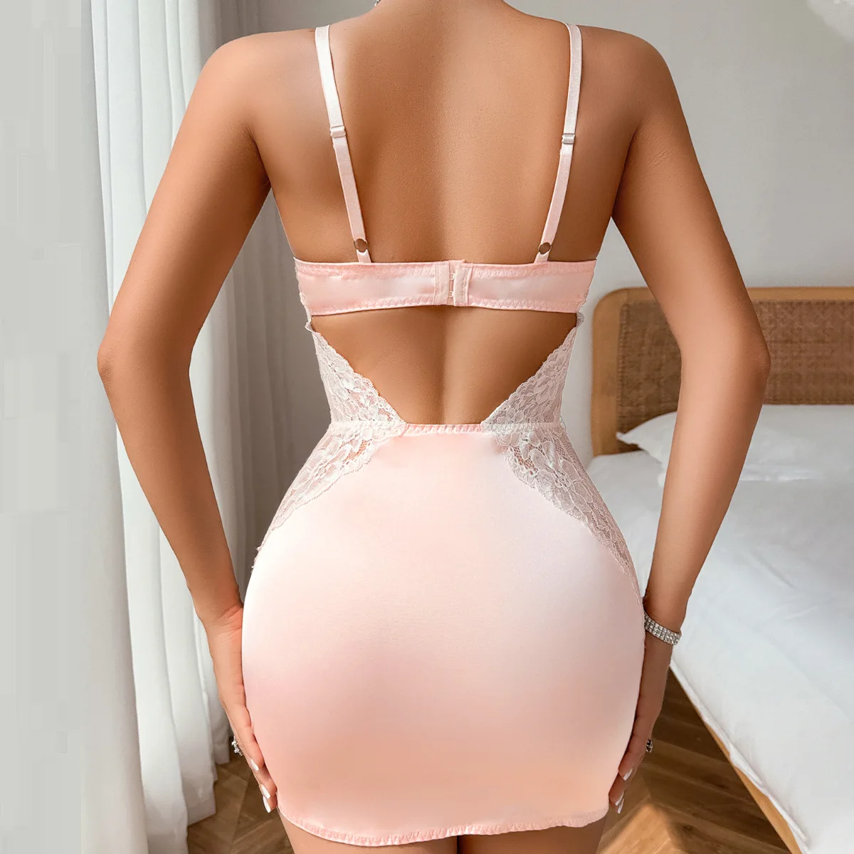 Sexy Satin Night Dress Deep V Neck Lace Trim Slip Dress Women's Silk Lingerie Elegant Sissy Nightgown Slips With Thongs Sheer