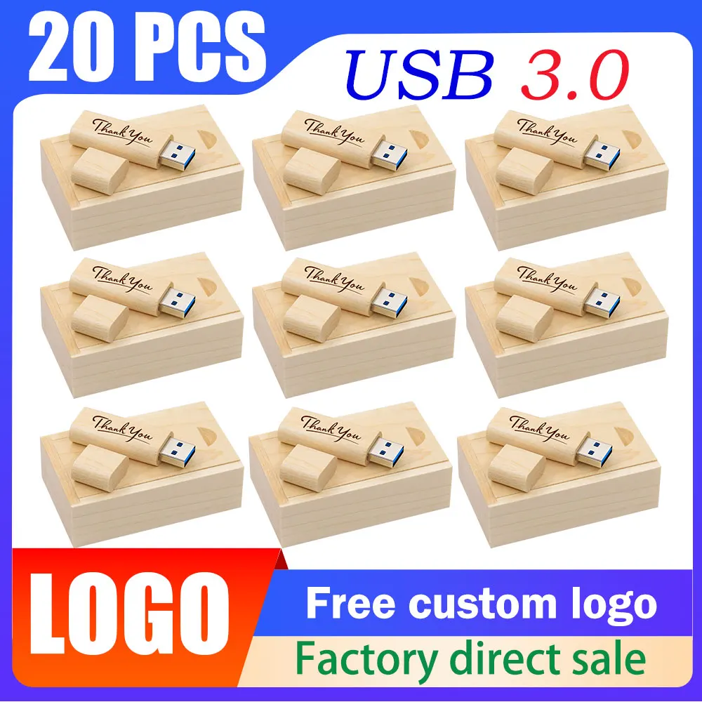 20 TEILE/LOS USB 3,0-Flash-Laufwerk 128 GB Kostenloser individueller Logo Memory Stick 64 GB Walnussholz Hochgeschwindigkeits-Stick 32 GB Kreatives Geschenk U Disk