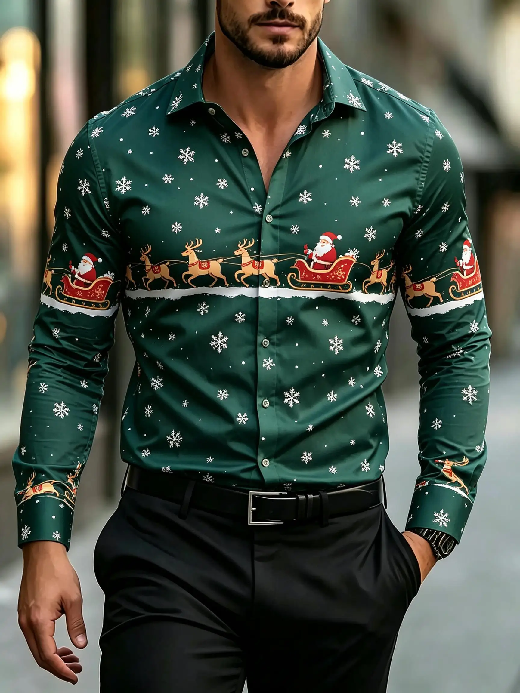 2026 Men's Long Sleeve Shirt Santa Reindeer Sleigh Snowflake Print Christmas Men Gift Fashion Loose Fit Daily Wear Tops