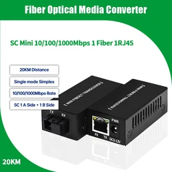 1 Pair Gigabit  Mini 1F1E Optical Fiber Media Converter Fiber Transceiver Singlemode Simplex 100/1000M SC 25KM Fiber Switch