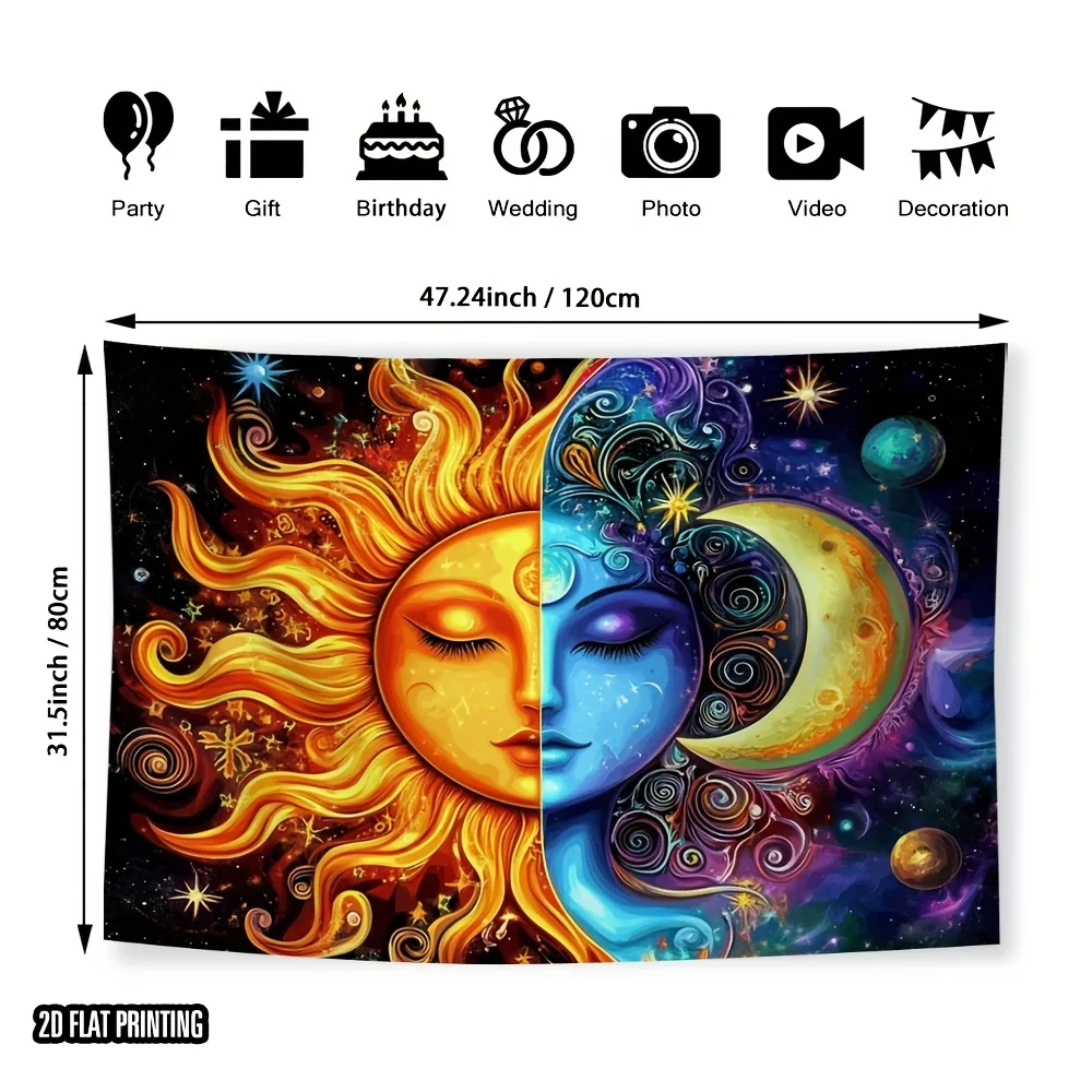 Large Sun and Moon Cosmic Galaxy Tapestry Wall Hanging Celestial Astrology Decor Planets Universe Abstract Room Decoration