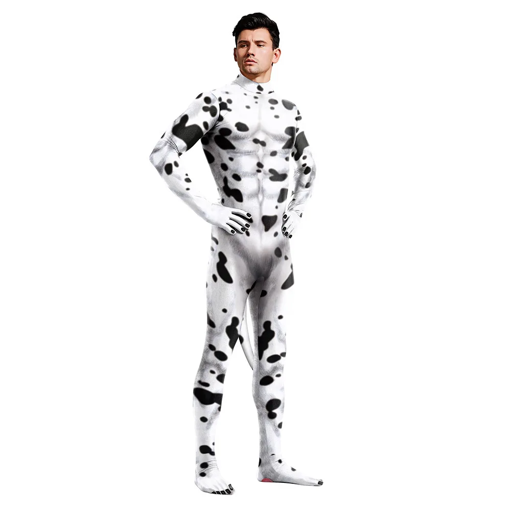 

Men Women Cosplay Costume Animal Cow Print Onesie with Tail for Halloween Party Role Play Bodysuit Outfits