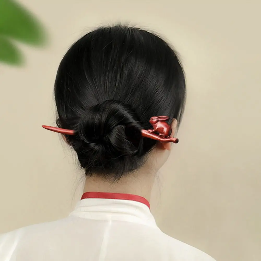 Chinese Wood Hair Sticks Hair Barrettes Red Sandalwood Rabbit Clips Vintage Style Hairpin Accessories for Women Bun Maker