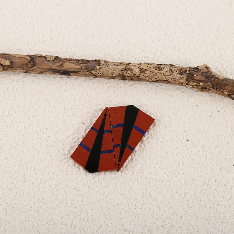 Handmade Jewelry Natural Stone Obsidian Red River Jasper Lapis Lazuli Intarsia Earring Bead 24x16x1mm 2.9g