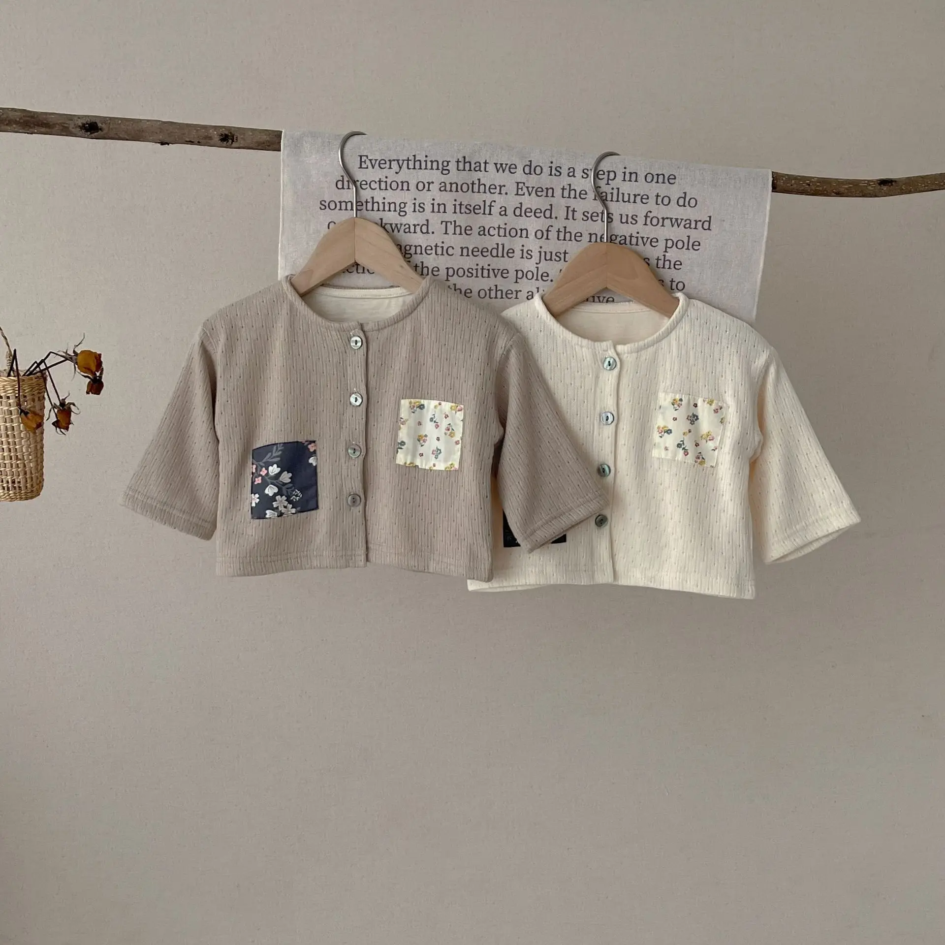 Spring and Autumn Baby Patch Floral Long Sleeve Cardigan Single Breasted Double Layered Round Neck Coat for Boys and Girls