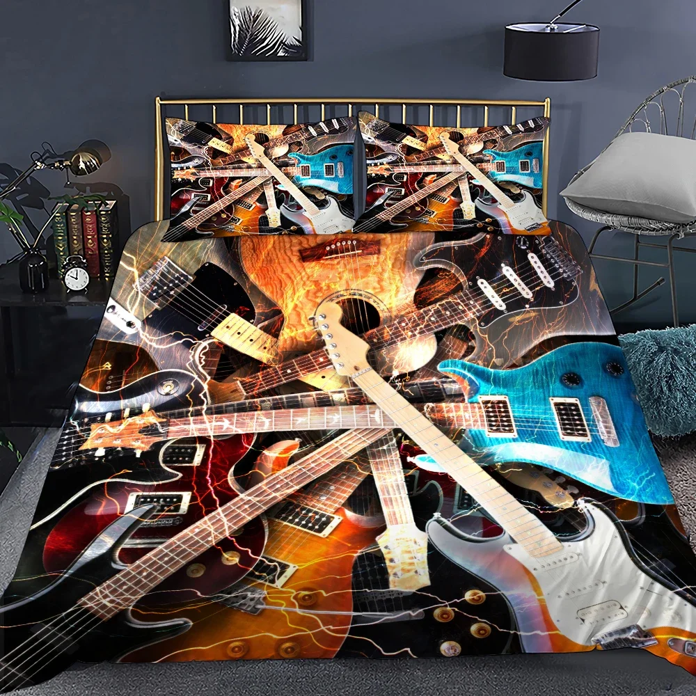 Electric Guitar Print Comforter Sets Twin Music Instrument 3D Duvet Cover Teens Youngs Rocking Roll Guitar Lovers Bedding Sets