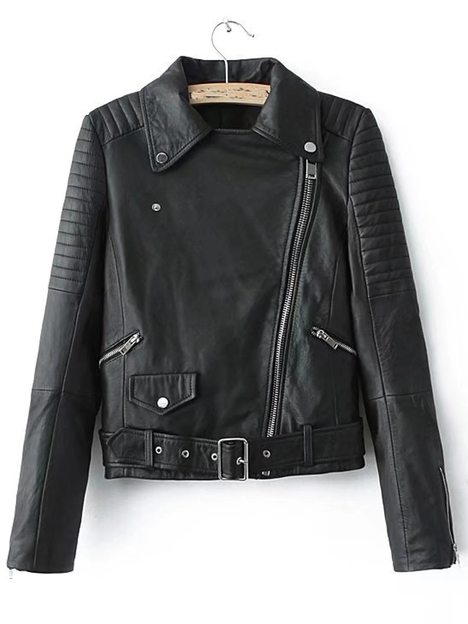 New Women Autumn Winter Black Faux Leather Jackets Zipper Basic Coat Turn-down Collar Motor Biker Jacket With Belt