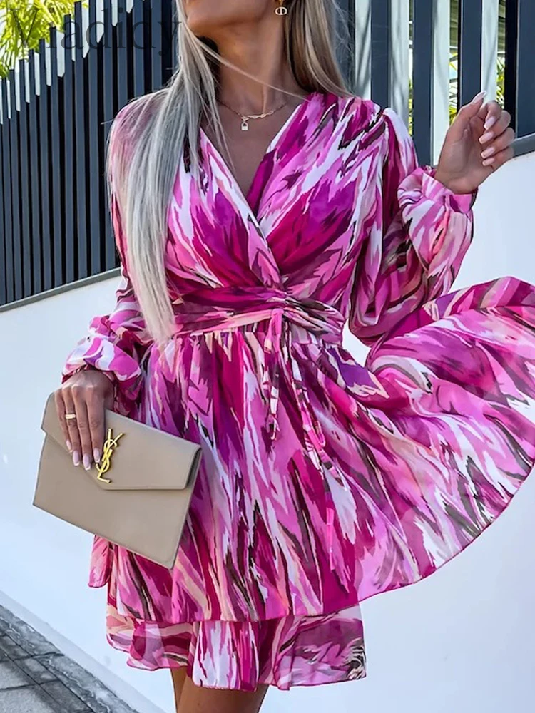 

Women Print V-Neck Slim Waist Long Sleeve Casual A-Line Dress