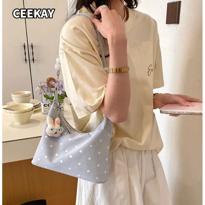 CEEKAY Women's Hobo Bag Light Grey Blue Polka Dot Large Shoulder Handbag Plush Rabbit Beaded Strap Daily Commute Casual