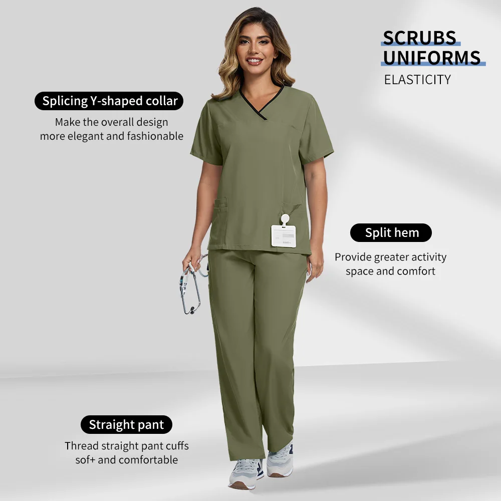 고품질 의료 의사 간호 스크럽 의상 유니폼 남여 v 넥 짧은 소매 탑 탄성 허리 바지 치과 의사 정장