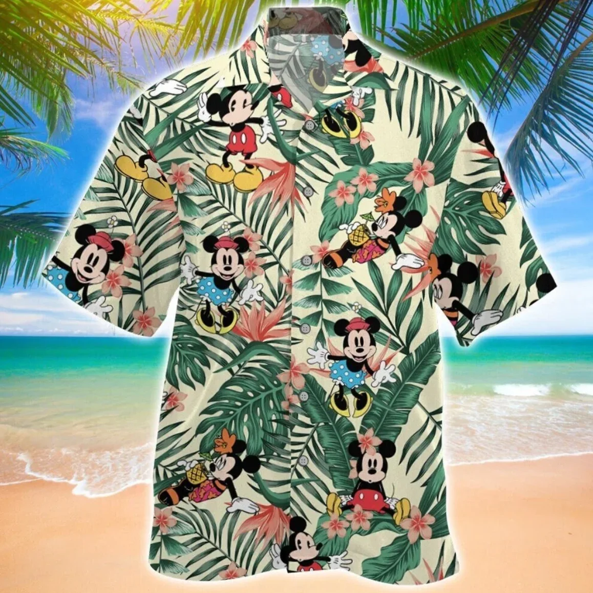 Camisas havaianas masculinas e femininas de mickey mouse, floral tropical, de botões, manga curta, disney, minnie, praia, verão