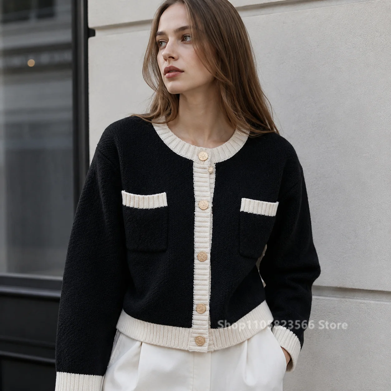 Retro Women Cardigan Contrast Color Crew Neck Knit Sweater Button Up Patch Pocket Coat Knitwear Fall Winter Top кардиган женский