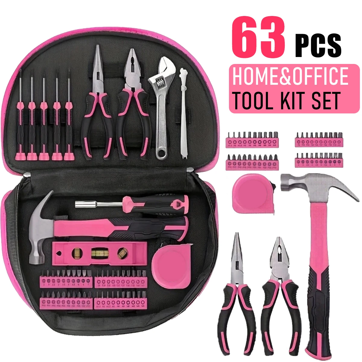 

63pcs pink tool kit for Women's home repair tool set with hammer, pliers, wrench, screwdriver and carrying bag
