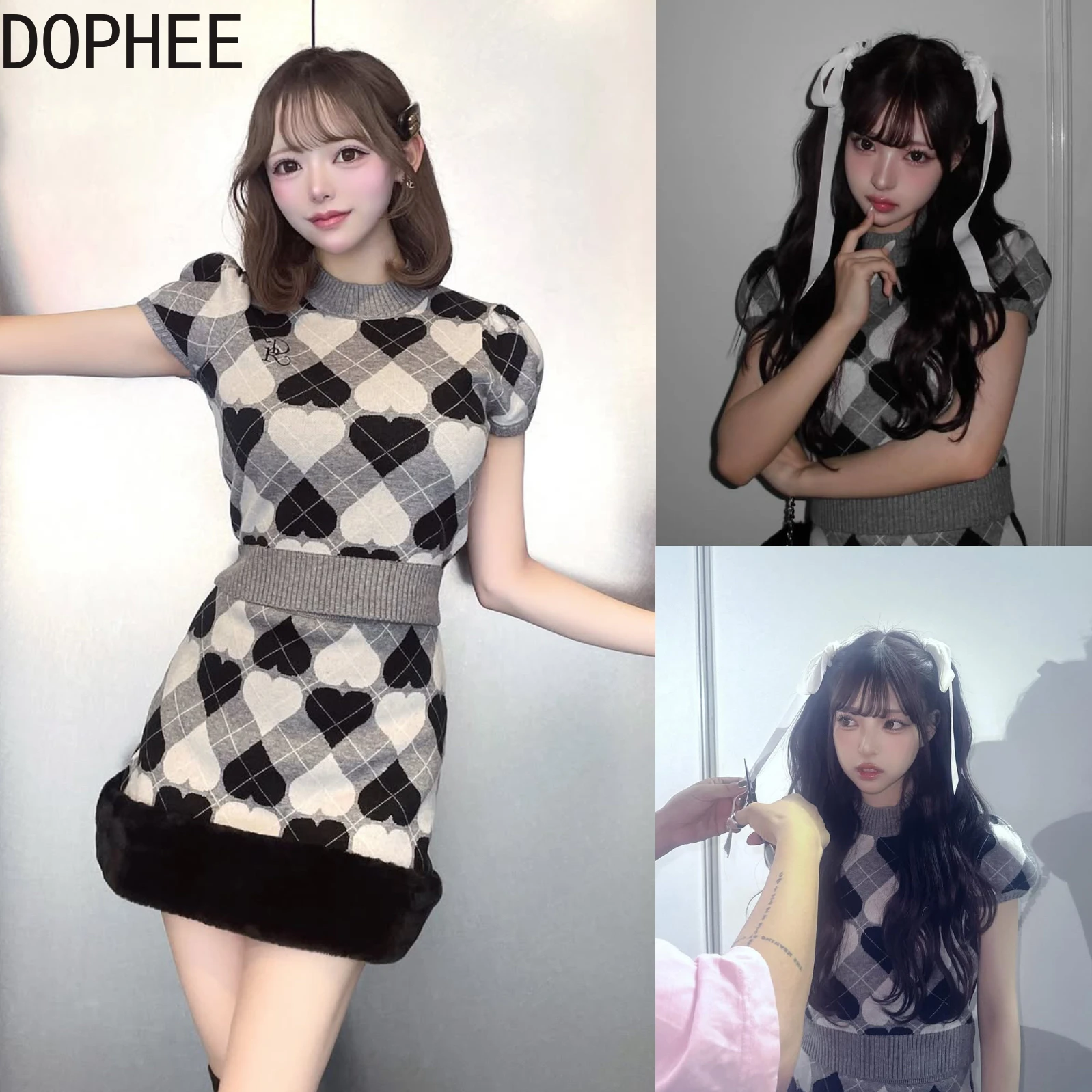 

Японские модные женские осенне-зимние вязаные комплекты Love Grid с высокой талией, тонкий укороченный пуловер, топ с цветными блоками, эластичная талия, юбка-карандаш