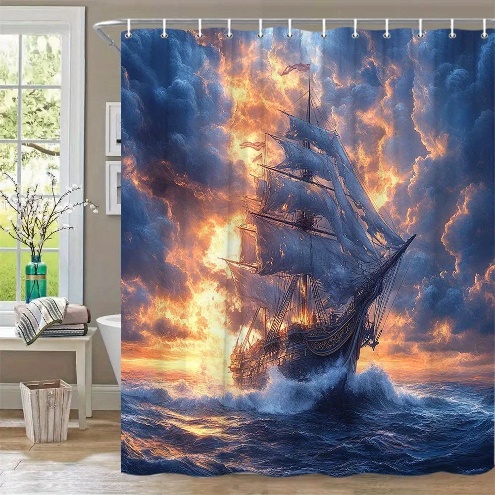 1pc Sunset Sailing Shower Curtain - Three-Masted Ship at Golden Hour with Dramatic Pink Purple Clouds & Turbulent Waves
