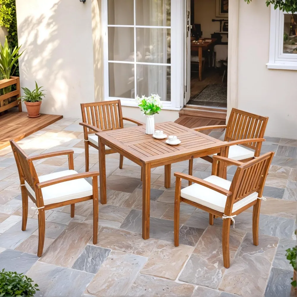 

Acacia Wood Outdoor Dining Set, Patio Table and Chairs with Soft Cushions, Patio Furniture, Deck, Backyard, Garden, 5 Pcs