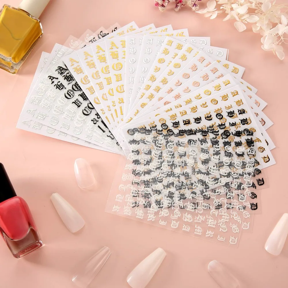 3D Letter Number Nail Stickers, Self-Adhesive Vintage Alphabet Nail Decals, Gothic Font Manicure Decor Stickers for Nail Art DIY