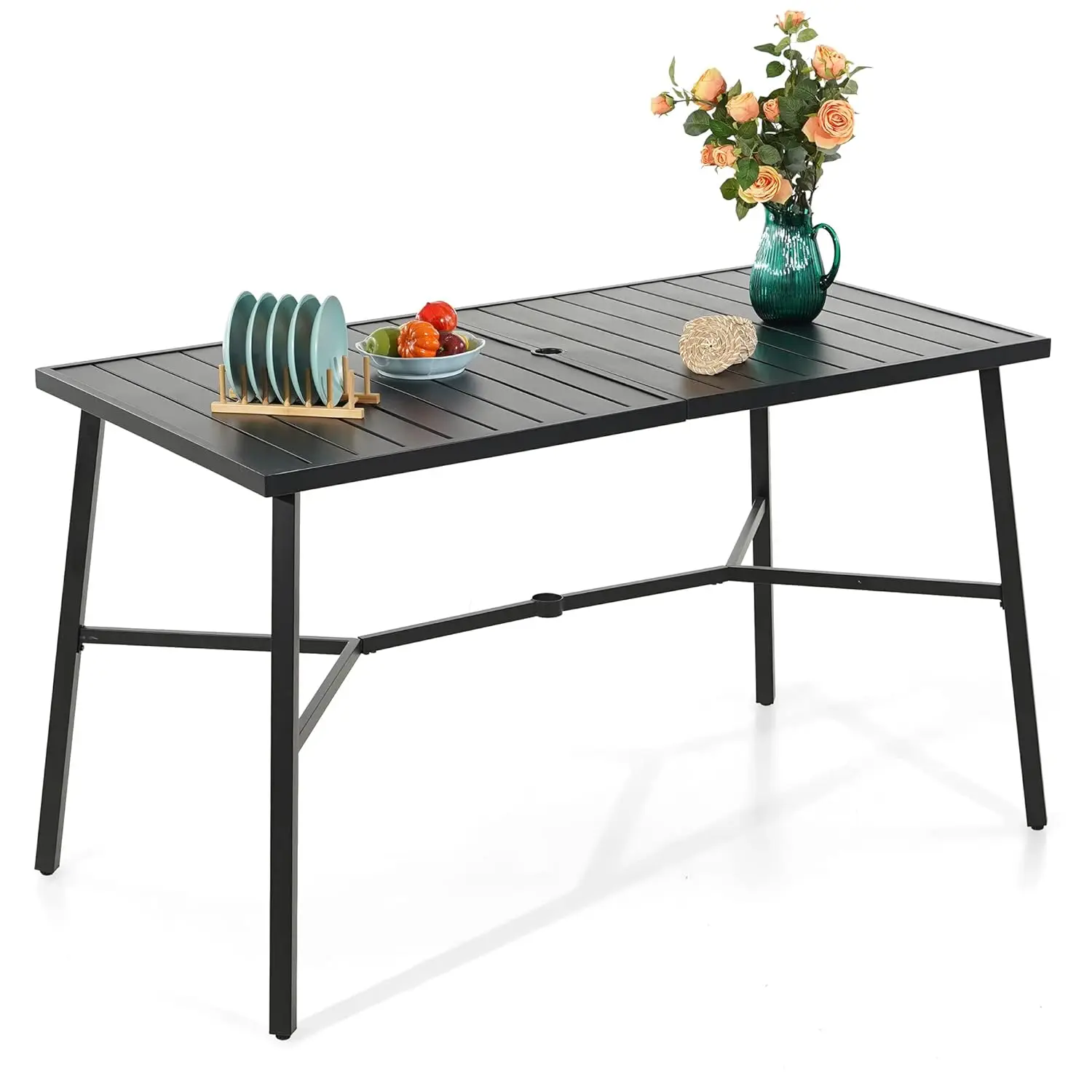 #Metal Bar Height Table Rectangular Umbrella Hole Garden Backyard Poolside 66.9''x35.4''x39.8'', Customized