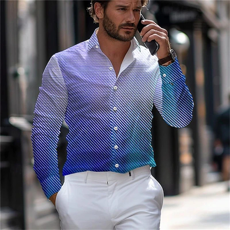 3D Gradient Texture Print Men's Casual Fashion Long Sleeve Shirt Street Commuter Men's Shirt Outdoor Men Temperament Lapel Shirt