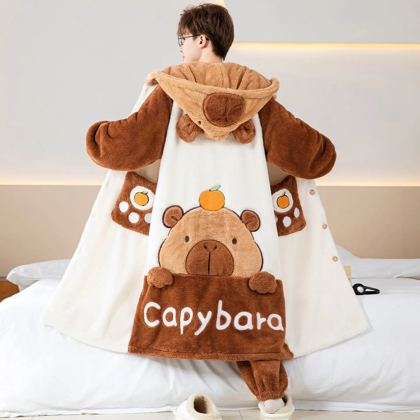 

Capybara Cute Cartoon Hooded Plush Robe Pajamas Set Warm Flannel Loungewear Soft Home Sleepwear Men Boys Daily Casual Comfort