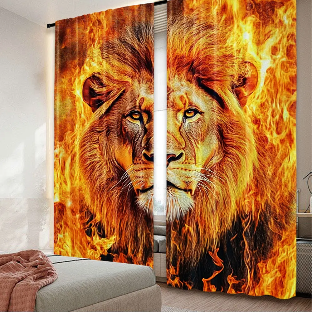 2Pcs Lion In Flames Curtains Burning Flame Lion Head Curtains Lion Art Curtains Apply To Bedroom Living Room Dorm A