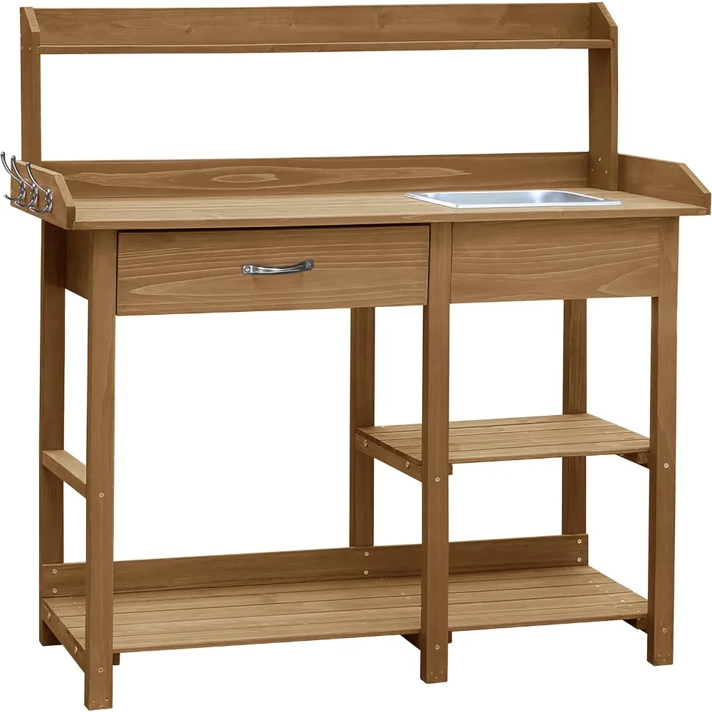 

Potting Bench Garden Table for Outdoors with Removable Stainless Sink, Planting Work Bench with Storage Shelves and Drawer, Nat