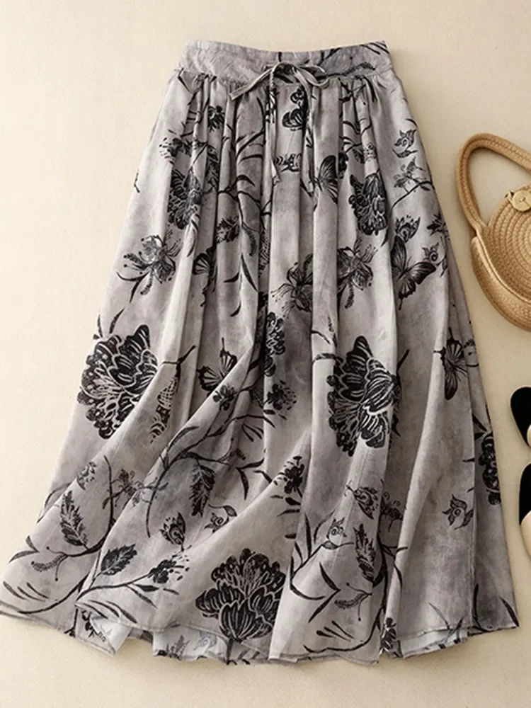 

Women Casual Long Skirts New Arrival 2024 Summer Vintage Style Floral Print All-match Loose Ladies Elegant A-line Skirt C199