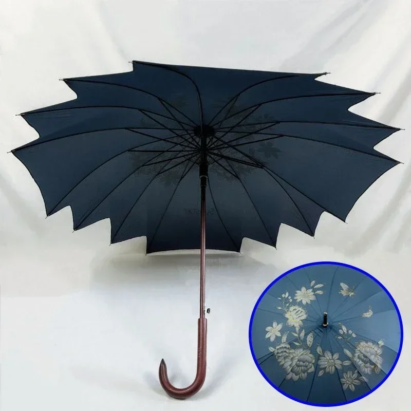 Special-shaped Umbrella 16 Bone Solid Wood Handle Semi-automatic Ink Painting Flowers Long Handle Umbrella Rain Gear Household