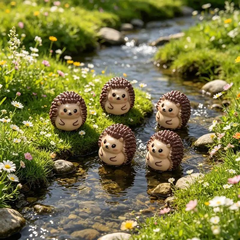 10Pcs Cute Hedgehog Resin Figurines Miniatures Cartoon Hedgehog Animal Micro Landscape Ornaments Fairy Garden Decor Accessories